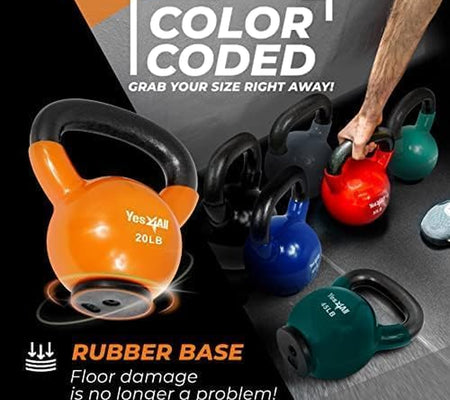 Vinyl Coated Kettlebell with Protective Rubber Base, Strength Training Kettlebells for Weightlifting, Conditioning, Strength & Core Training