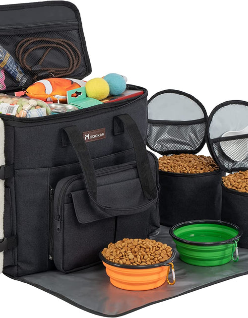Load image into Gallery viewer, Dog Travel Bag with 2 Collapsible Dog Bowls, 1 Dog Backpack, Airline Approved Pet Travel Bag Organizer for Supplies &amp; Accessories, 2 Travel Dog Food Container, Black

