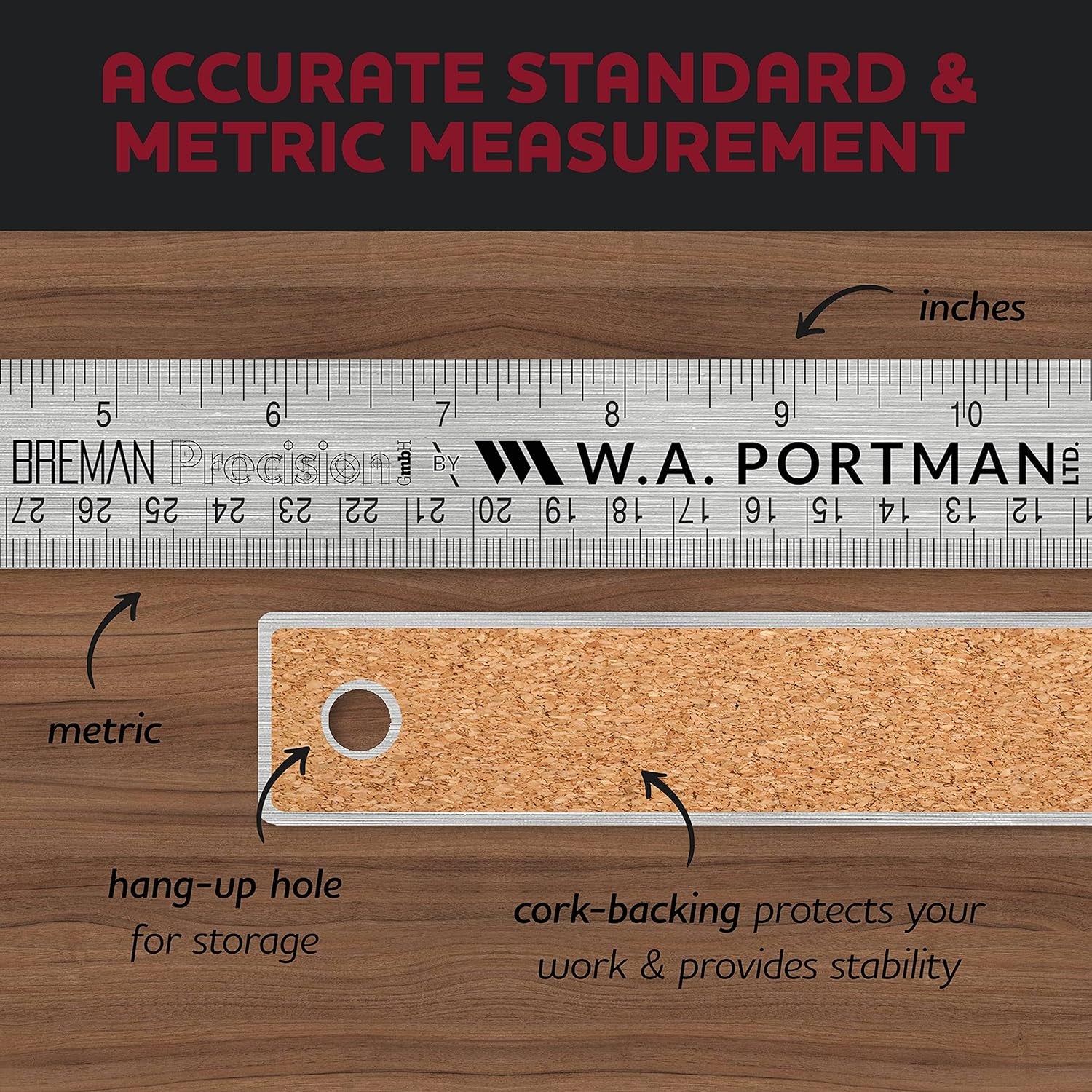 Metal Ruler 18 Inch - Stainless Steel Cork Back Metal Ruler - Premium Steel Straight Edge 18 Inch Metal Ruler - Flexible Stainless Steel Ruler - Imperial and Metric Ruler