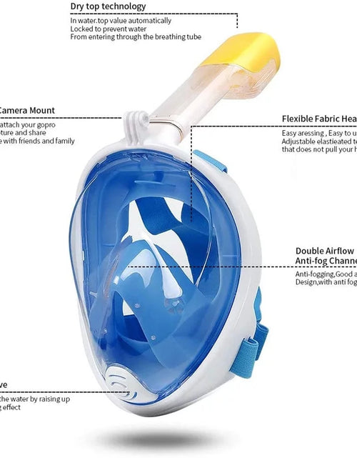 Load image into Gallery viewer, Snorkel Mask Full Face Snorkeling Mask Snorkel Set with Panoramic View and Action Camera Mount  Anti-Fog and Anti-Leak Design Dive Mask for Adults Blue
