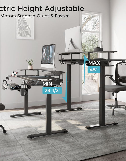 Load image into Gallery viewer, Gaming Desk, Standing Desk Keyboard Tray, 72" Wing Shaped Music Studio Desk Electric Adjustable Height Desk Sit Stand Desk with LED Shelves, Gaming Recording Live Stream, Slot Design
