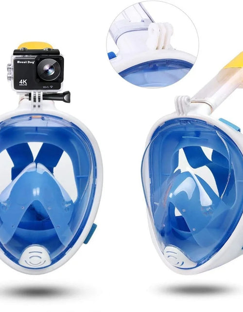 Load image into Gallery viewer, Snorkel Mask Full Face Snorkeling Mask Snorkel Set with Panoramic View and Action Camera Mount  Anti-Fog and Anti-Leak Design Dive Mask for Adults Blue
