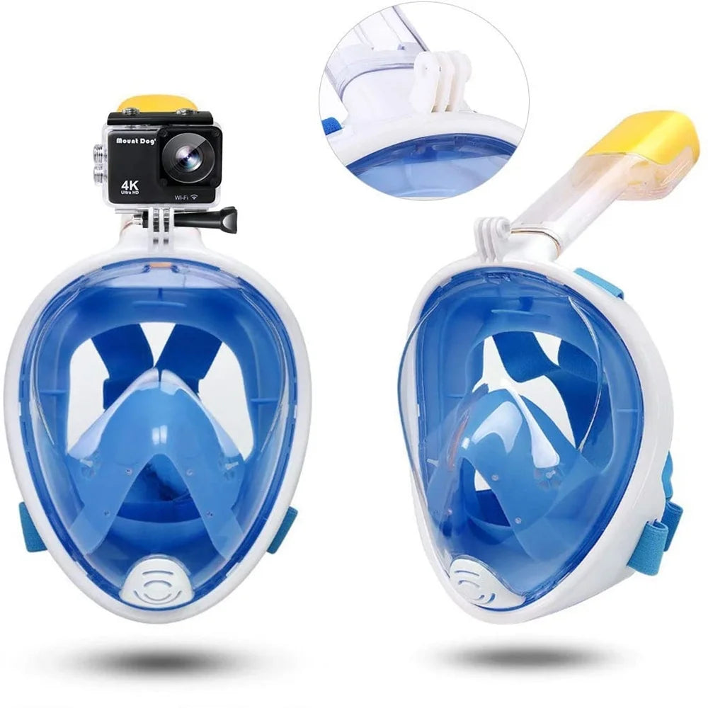 Snorkel Mask Full Face Snorkeling Mask Snorkel Set with Panoramic View and Action Camera Mount  Anti-Fog and Anti-Leak Design Dive Mask for Adults Blue