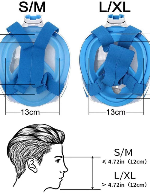 Load image into Gallery viewer, Snorkel Mask Full Face Snorkeling Mask Snorkel Set with Panoramic View and Action Camera Mount  Anti-Fog and Anti-Leak Design Dive Mask for Adults Blue
