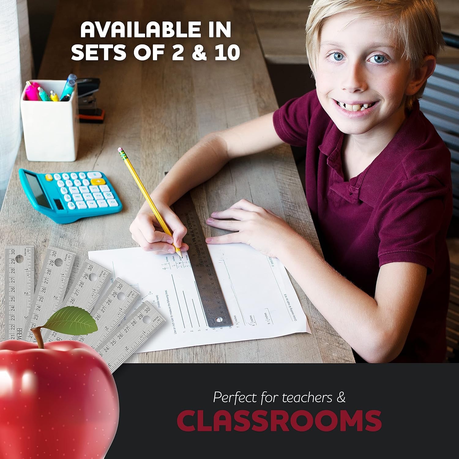 Metal Ruler 12 Inch - Stainless Steel Cork Back Metal Ruler - Premium Steel Straight Edge 12 Inch Metal Ruler Set of 10 - Flexible Stainless Steel Ruler - Imperial and Metric Ruler