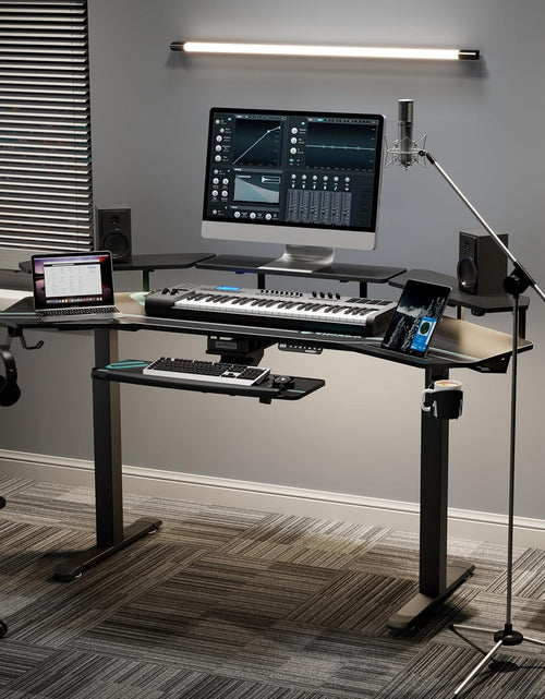 Load image into Gallery viewer, Gaming Desk, Standing Desk Keyboard Tray, 72" Wing Shaped Music Studio Desk Electric Adjustable Height Desk Sit Stand Desk with LED Shelves, Gaming Recording Live Stream, Slot Design
