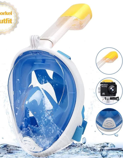 Load image into Gallery viewer, Snorkel Mask Full Face Snorkeling Mask Snorkel Set with Panoramic View and Action Camera Mount  Anti-Fog and Anti-Leak Design Dive Mask for Adults Blue
