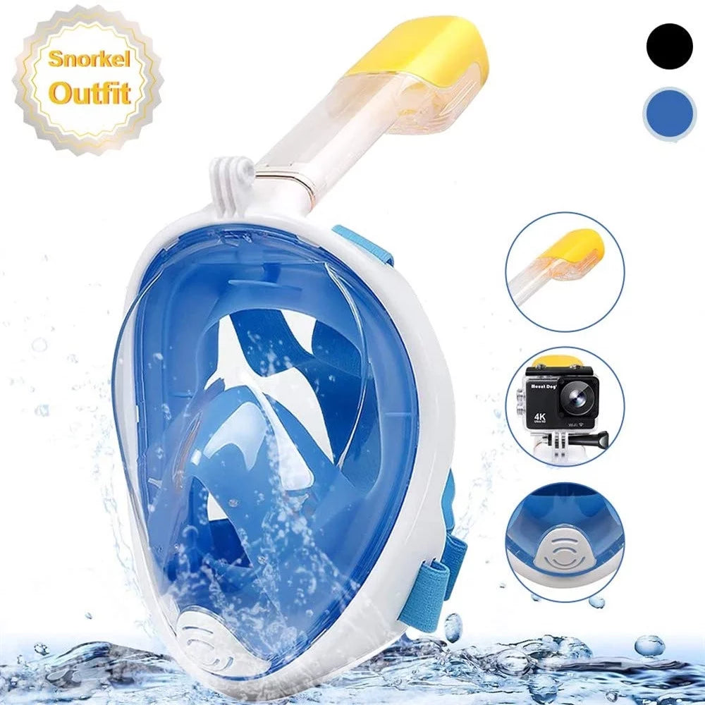 Snorkel Mask Full Face Snorkeling Mask Snorkel Set with Panoramic View and Action Camera Mount  Anti-Fog and Anti-Leak Design Dive Mask for Adults Blue