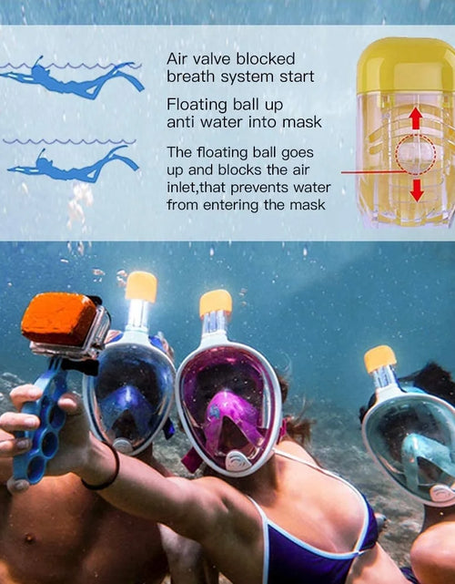 Load image into Gallery viewer, Snorkel Mask Full Face Snorkeling Mask Snorkel Set with Panoramic View and Action Camera Mount  Anti-Fog and Anti-Leak Design Dive Mask for Adults Blue
