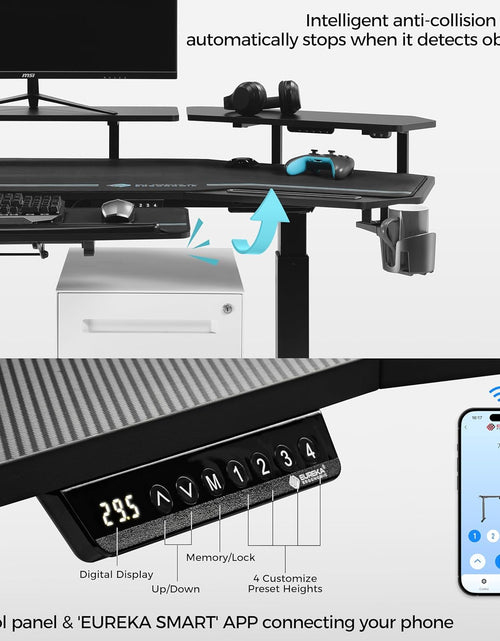 Load image into Gallery viewer, Gaming Desk, Standing Desk Keyboard Tray, 72" Wing Shaped Music Studio Desk Electric Adjustable Height Desk Sit Stand Desk with LED Shelves, Gaming Recording Live Stream, Slot Design
