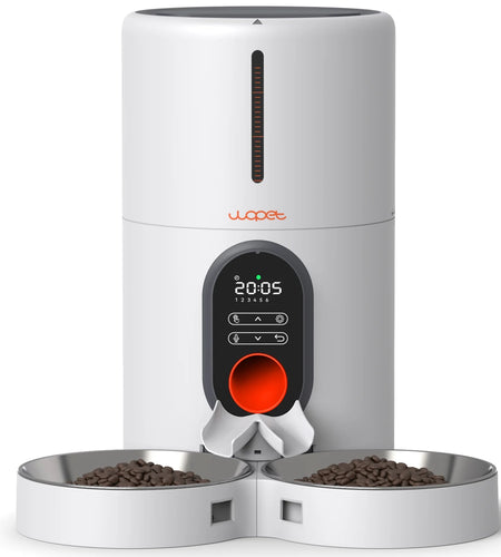 Automatic Cat Feeders for 2 Cats - Timed Dog Food Dispenser with Splitter and Two Stainless Bowls, Cat Feeders 10S Meal Call, 6 Meals per Day for Cats & Small Dogs, White