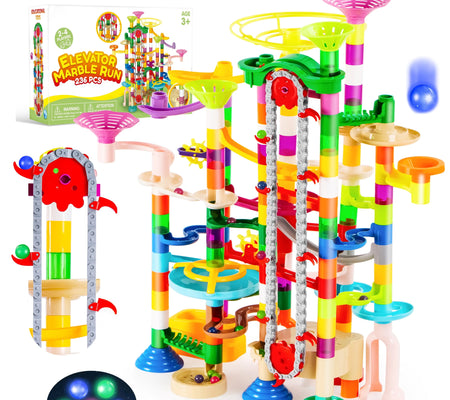 236 Pcs Glowing Marble Run with Motorized Elevator, Construction Building Blocks with 30 Glow in the Dark Marbles, Marble Run Toy Set for Kids Ages 4-8