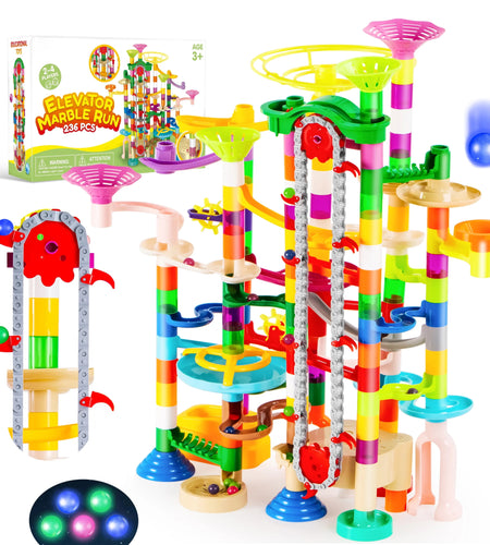 236 Pcs Glowing Marble Run with Motorized Elevator, Construction Building Blocks with 30 Glow in the Dark Marbles, Marble Run Toy Set for Kids Ages 4-8