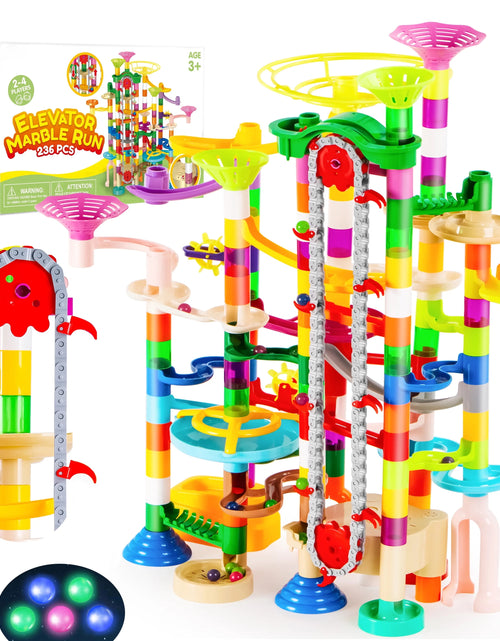 Load image into Gallery viewer, 236 Pcs Glowing Marble Run with Motorized Elevator, Construction Building Blocks with 30 Glow in the Dark Marbles, Marble Run Toy Set for Kids Ages 4-8
