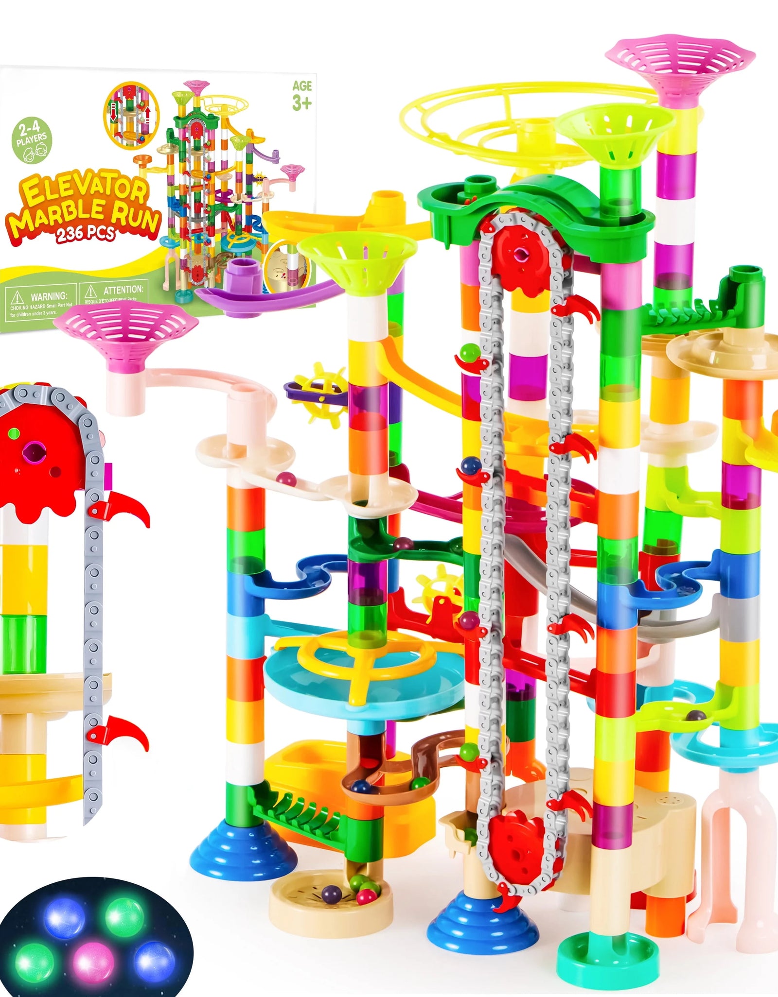 236 Pcs Glowing Marble Run with Motorized Elevator, Construction Building Blocks with 30 Glow in the Dark Marbles, Marble Run Toy Set for Kids Ages 4-8