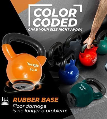 Vinyl Coated Kettlebell with Protective Rubber Base, Strength Training Kettlebells for Weightlifting, Conditioning, Strength & Core Training