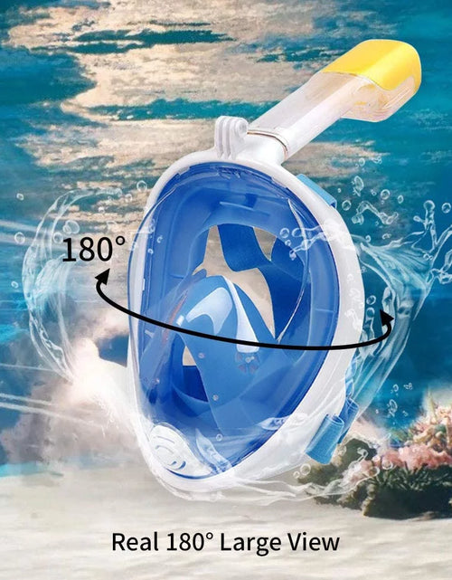 Load image into Gallery viewer, Snorkel Mask Full Face Snorkeling Mask Snorkel Set with Panoramic View and Action Camera Mount  Anti-Fog and Anti-Leak Design Dive Mask for Adults Blue

