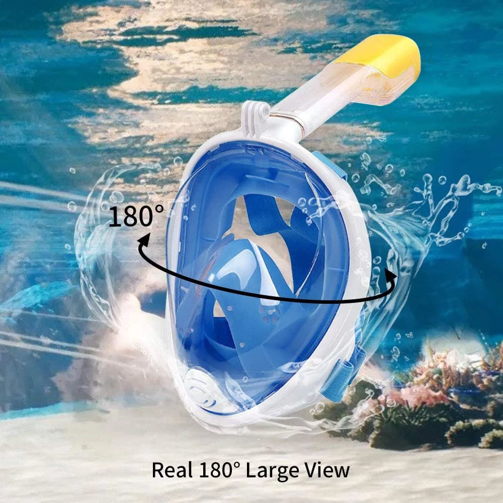 Snorkel Mask Full Face Snorkeling Mask Snorkel Set with Panoramic View and Action Camera Mount  Anti-Fog and Anti-Leak Design Dive Mask for Adults Blue