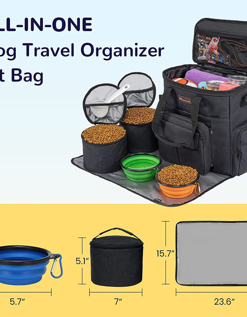 Load image into Gallery viewer, Dog Travel Bag with 2 Collapsible Dog Bowls, 1 Dog Backpack, Airline Approved Pet Travel Bag Organizer for Supplies &amp; Accessories, 2 Travel Dog Food Container, Black
