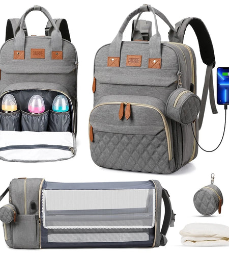 Diaper Bag Backpack, Multifunction Baby Bag with Changing Station, Large Capacity Diaper Bags W/ Foldable Crib & Insulated Pocket, Portable Waterproof Backpack, USB Charging Port&Stroller Straps(Gray)
