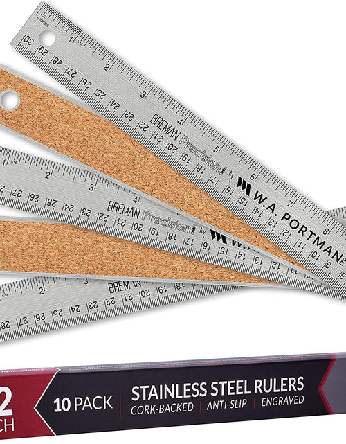 Load image into Gallery viewer, Metal Ruler 12 Inch - Stainless Steel Cork Back Metal Ruler - Premium Steel Straight Edge 12 Inch Metal Ruler Set of 10 - Flexible Stainless Steel Ruler - Imperial and Metric Ruler
