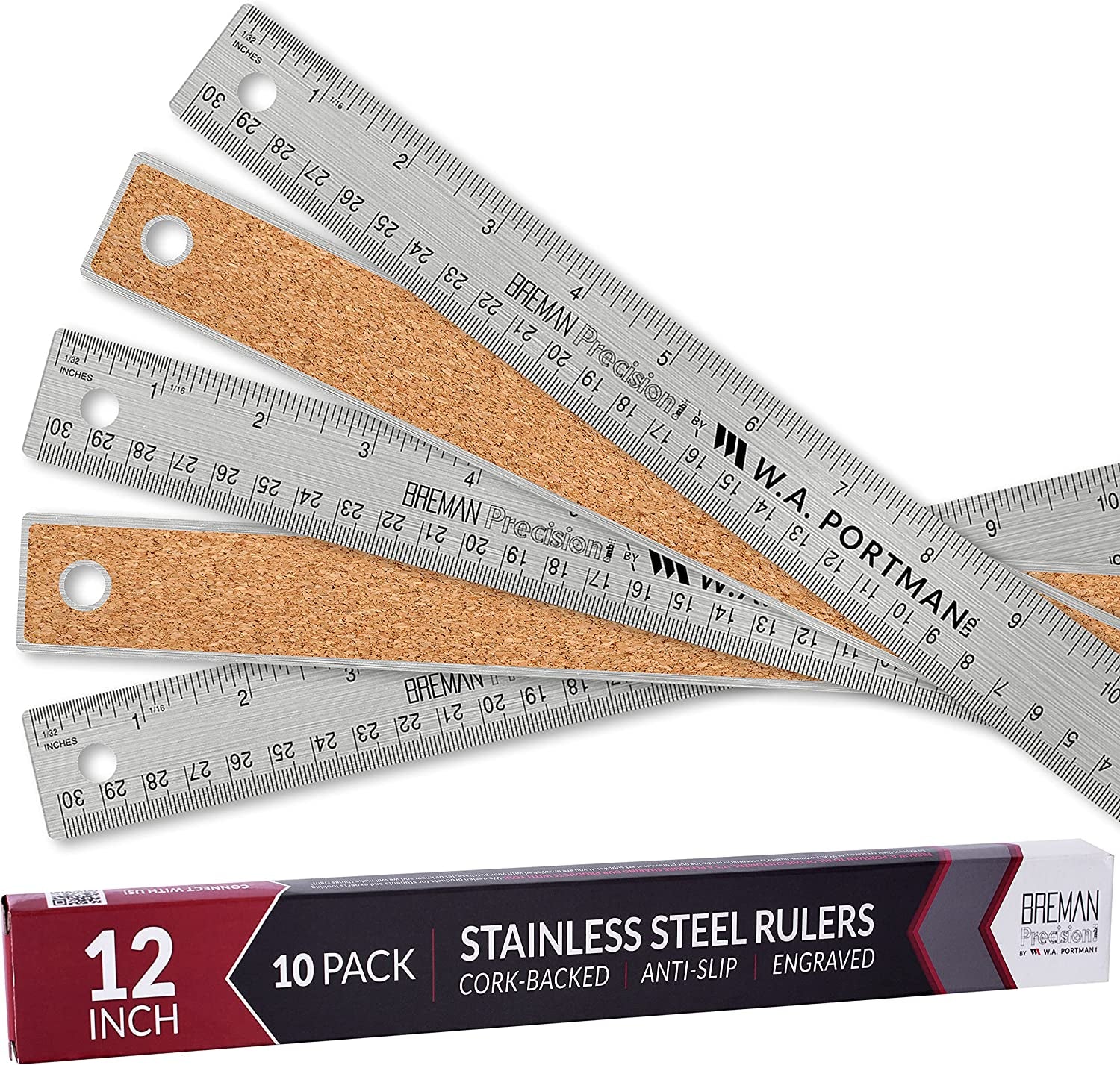 Metal Ruler 12 Inch - Stainless Steel Cork Back Metal Ruler - Premium Steel Straight Edge 12 Inch Metal Ruler Set of 10 - Flexible Stainless Steel Ruler - Imperial and Metric Ruler