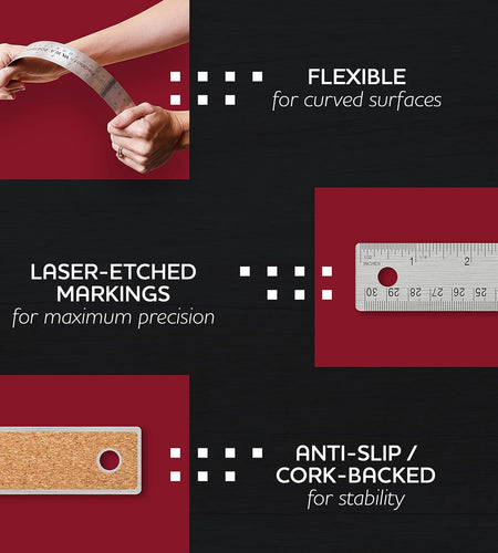 Metal Ruler 12 Inch - Stainless Steel Cork Back Metal Ruler - Premium Steel Straight Edge 12 Inch Metal Ruler Set of 10 - Flexible Stainless Steel Ruler - Imperial and Metric Ruler