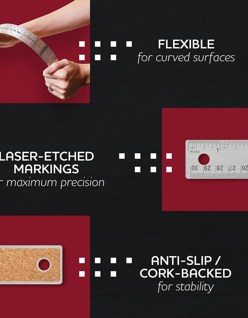 Load image into Gallery viewer, Metal Ruler 12 Inch - Stainless Steel Cork Back Metal Ruler - Premium Steel Straight Edge 12 Inch Metal Ruler Set of 10 - Flexible Stainless Steel Ruler - Imperial and Metric Ruler
