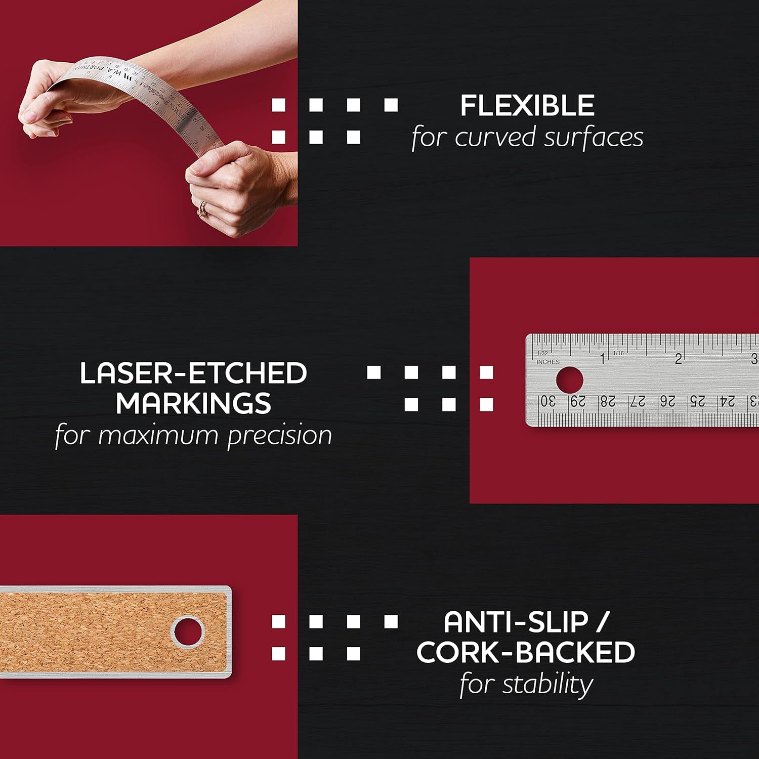 Metal Ruler 12 Inch - Stainless Steel Cork Back Metal Ruler - Premium Steel Straight Edge 12 Inch Metal Ruler Set of 10 - Flexible Stainless Steel Ruler - Imperial and Metric Ruler