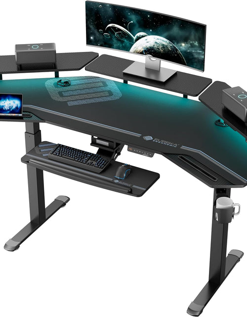 Load image into Gallery viewer, Gaming Desk, Standing Desk Keyboard Tray, 72" Wing Shaped Music Studio Desk Electric Adjustable Height Desk Sit Stand Desk with LED Shelves, Gaming Recording Live Stream, Slot Design
